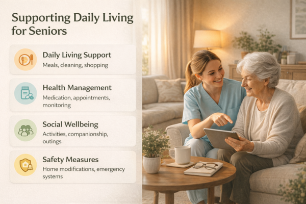 Aged Care Providers supporting daily living for seniors at home, showing a friendly caregiver assisting an elderly woman with health management, social wellbeing activities, and safety support in a comfortable living room.